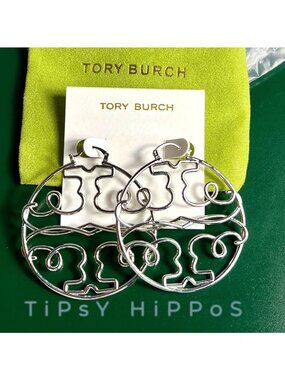 NEW!  Tory Burch Silver Large Logo Hoop Earrings!